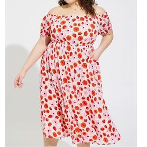 🍓 Torrid Retro Chic Floral Strawberry Milkmaid Midi Skater Dress – Size 3 🍓